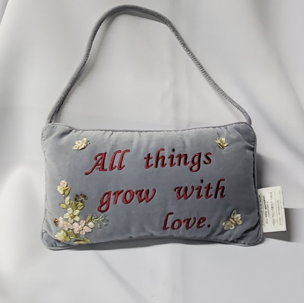 J D Yeats & Son Inc Blue Velvet Pillow All Things Grow With Love Ribbon Flowers
